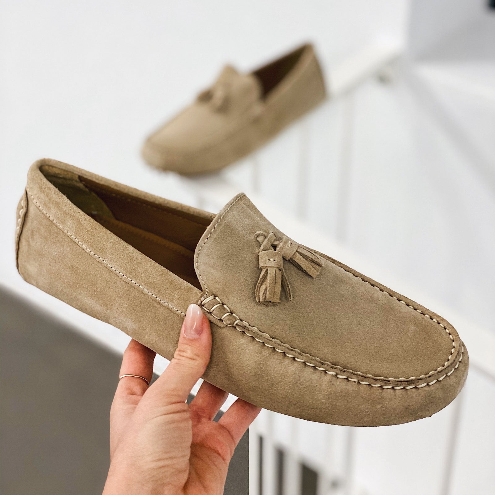 Women's Tasselled Driving Loafers, dove grey suede - Hugs & Co.